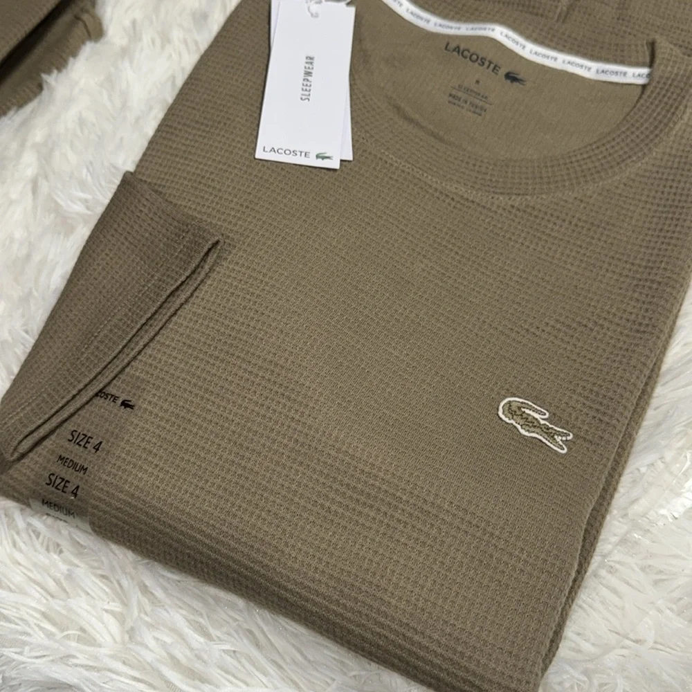 🐊Lacoste NWT Men's Waffle Knit Lounge light brown Crew Neck Shirt MSRP$60.